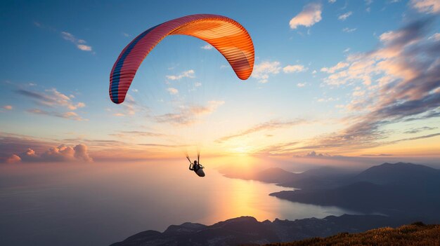 Paraglider vliegt bij zonsondergang over schilderachtige bergen met schilderachte wolken en water daaronder