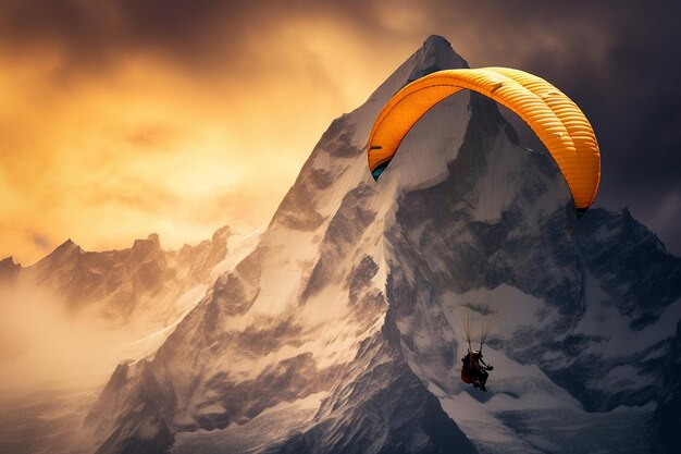 Paraglider vliegt boven bergtoppen