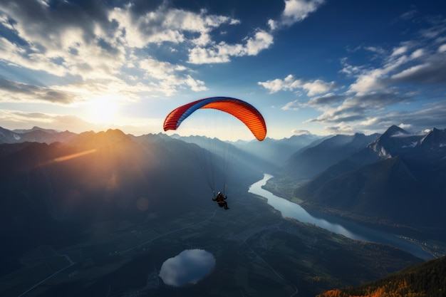 Paraglider vliegt over de bergen prachtig licht