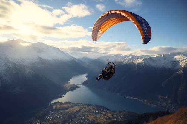 Paraglider vliegt over de bergen prachtig licht