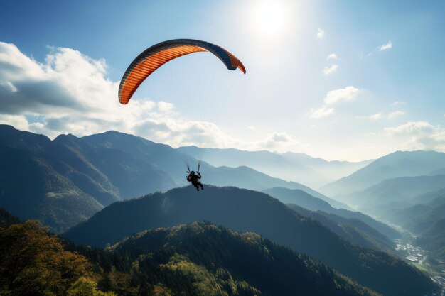 Paraglider vliegt over de bergen prachtig licht