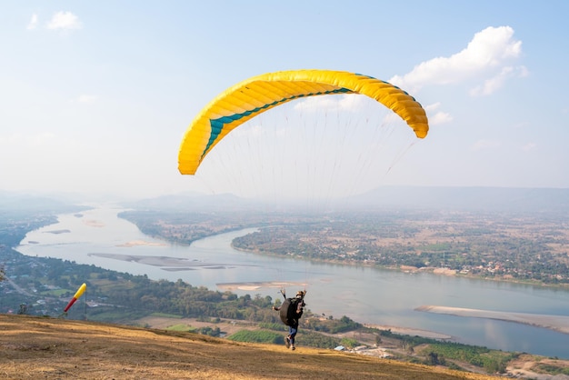 Paragliding point of Paraglider on Mekong River at Pha Tak Suea Nongkhai Thailand