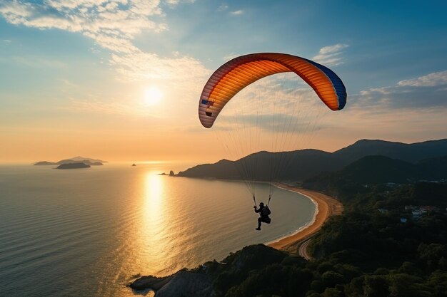 Paragliding with Beautiful landscape mountains sunset sea background Generative AI