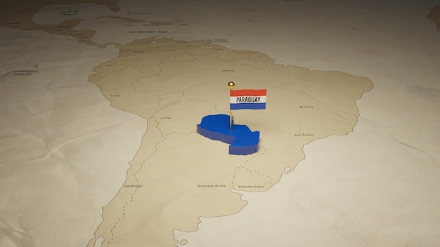 パラグアイの地図とフラグの分離された3Dレンダリング