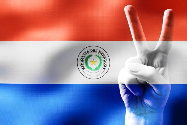 Paraguay two fingers showing peace sign and national flag