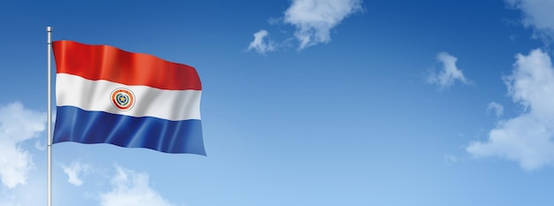 Paraguayaanse vlag geïsoleerd op een blauwe hemel Horizontale banner