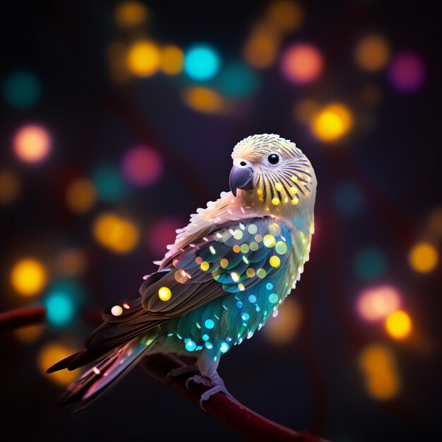 parakeet made of colorful light on blur background