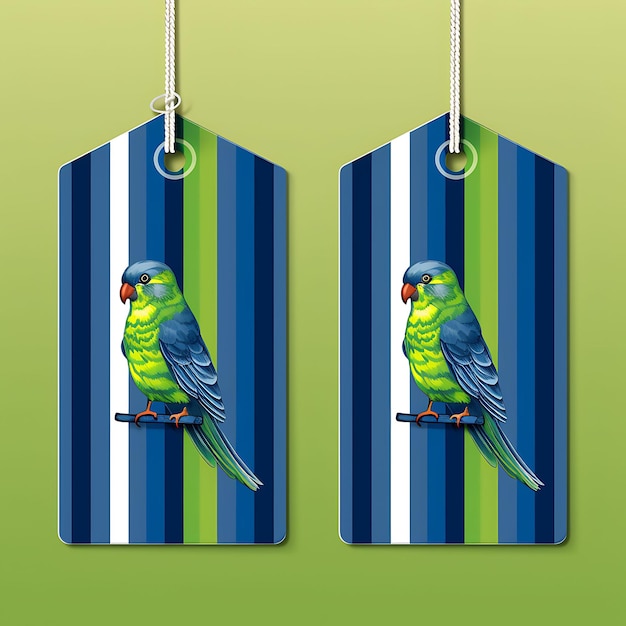 Parakeet tag card denim colorful stripes showcases a vibrant 2d vector design collection card flat
