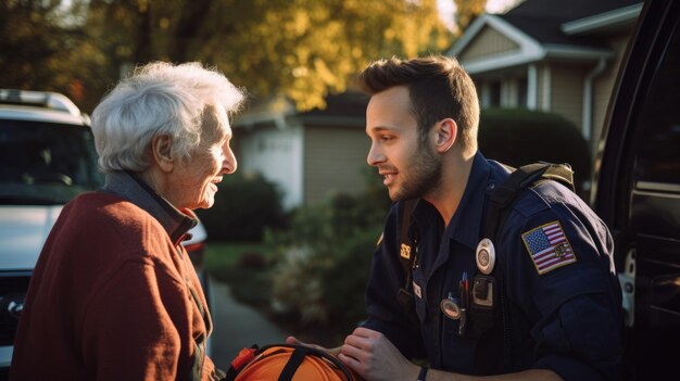 Photo paramedic duo in neighborhood wellness check community healthcare focus