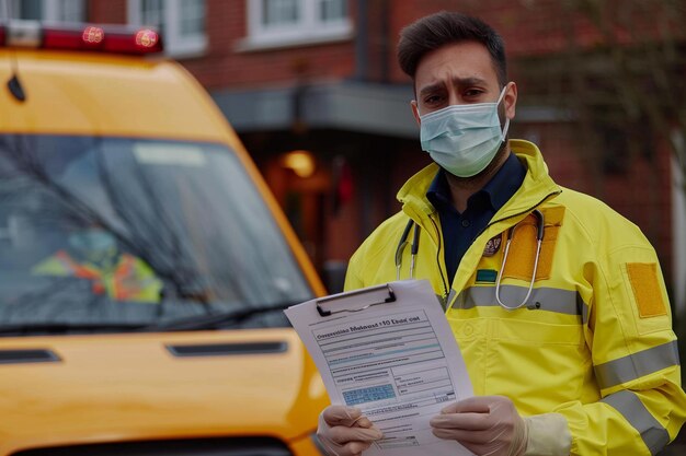 Paramedic in Mask Holding Clipboard on Duty with AI generated