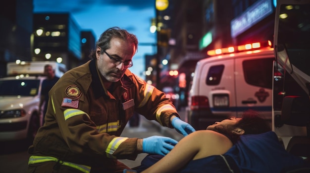 Paramedic at urban intersection caring for pedestrian city backdrop