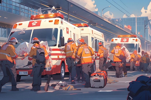 Paramedics rush to the scene providing life saving aid with precision and urgency manga anime style illustration generative ai