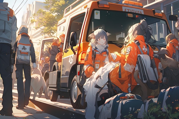 写真 救急隊員が現場に駆けつけ、正確かつ緊急性を持って救命援助を提供するマンガアニメ風イラスト生成ai