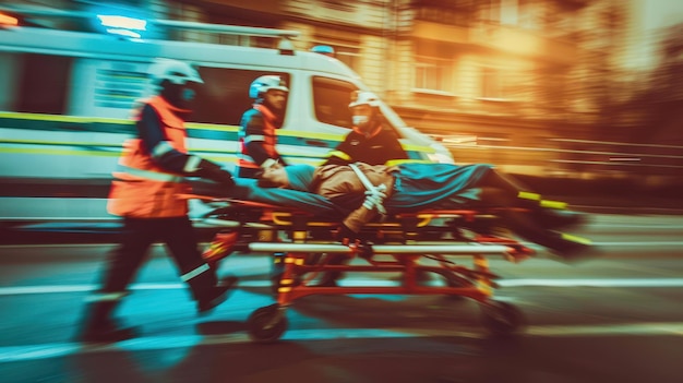 Photo paramedics rushing to aid an injured person on a stretcher