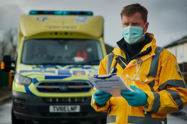 Paramedicus in masker met klembord aan het werk met AI gegenereerd