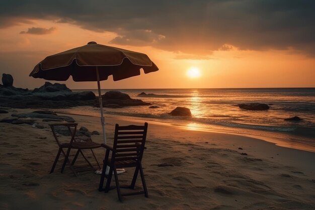 Paraplu en hangmat bij zonsondergang op het strand