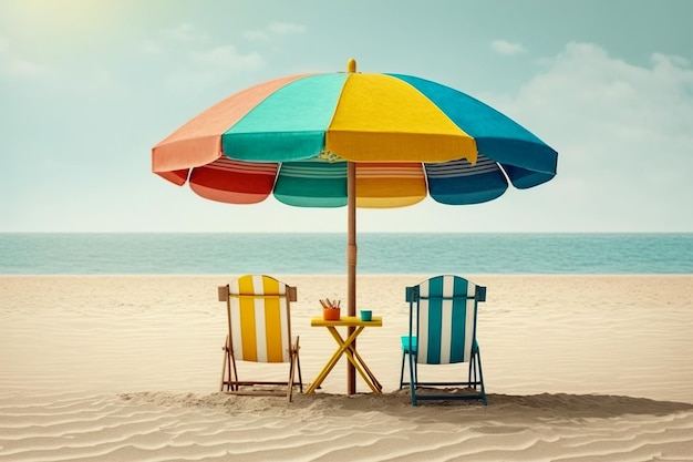 Paraplu en twee stoelen op het strand voorbereid om te zonnebaden aan het water