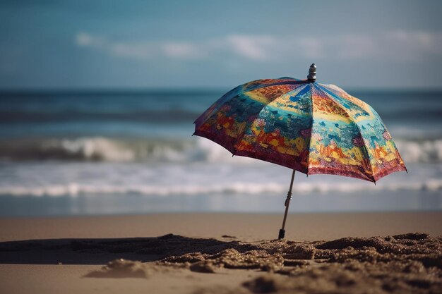 Paraplu gestut open op een zandstrand