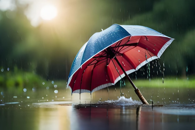 paraplu in de regen met een blauwe en rode paraplu