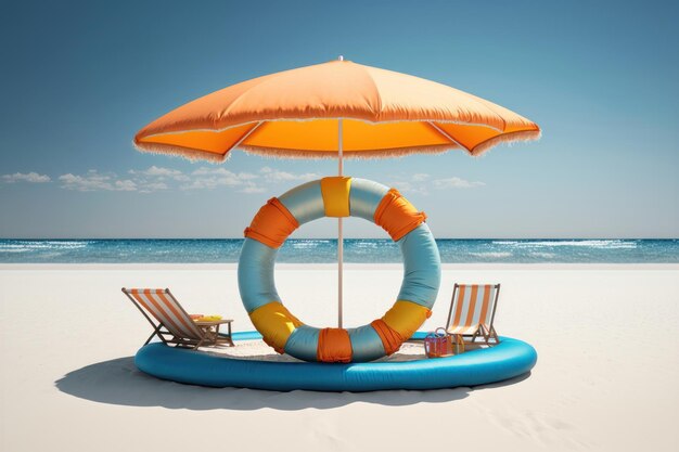 Paraplu met stoelen opblaasbare ring op strand AI Generationa