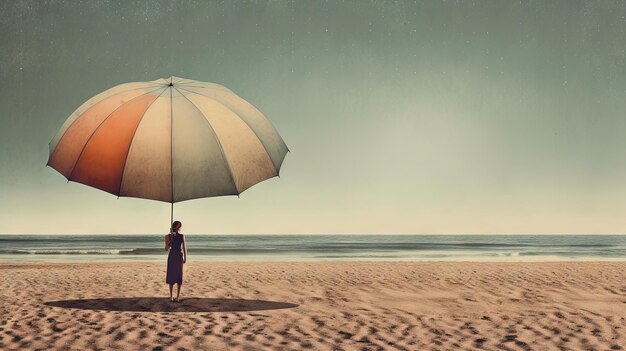 Paraplu op het hete zand van het strand Grungy kaart met vakantiescène van parasol op de kustlijn Generatieve AI