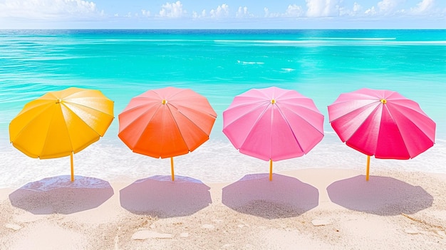 paraplu's op het strand kopieer ruimte 3D HD 8K behang Stock Fotografische afbeelding
