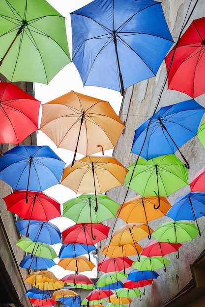 Paraplu's tentoonstellingsstraat versierde de lucht is gevuld met kleurrijke paraplu's Veel kleurrijke paraplu's tegen de lucht in stadsomgevingen