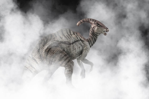 Динозавр паразауролоф на фоне дыма