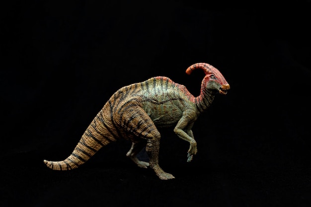 Giocattolo di parasaurolophus su sfondo nero