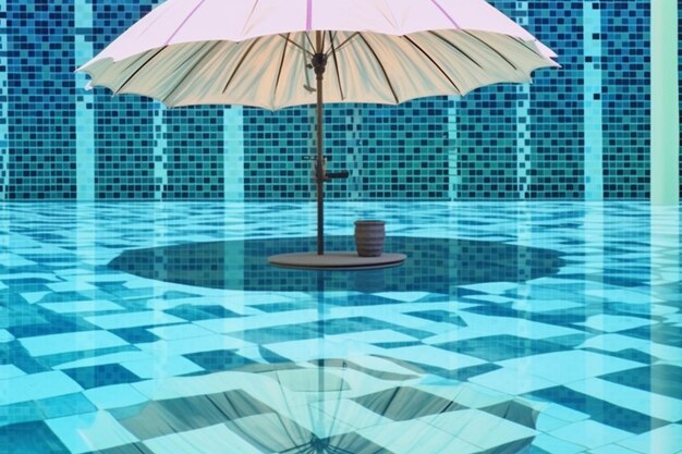 A parasol on an empty pool and blue water in the style of organic forms and patterns