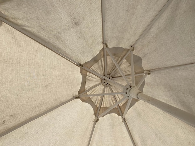 Parasol onder kokospalmen tegen blauwe lucht op een zeer warme dag