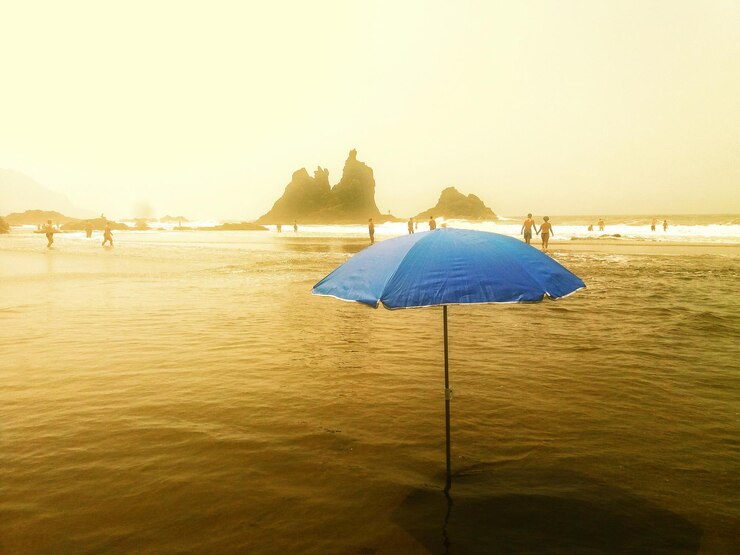 फोटो parasol and people at beach against clear blue sky