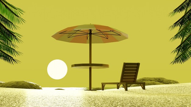 parasol stoel genieten van zonsondergang gele hemel met palmbomen in 3d render