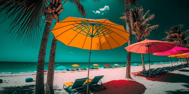 Parasols en ligbedden op het strand met kokospalmen op de achtergrond Generatieve AI