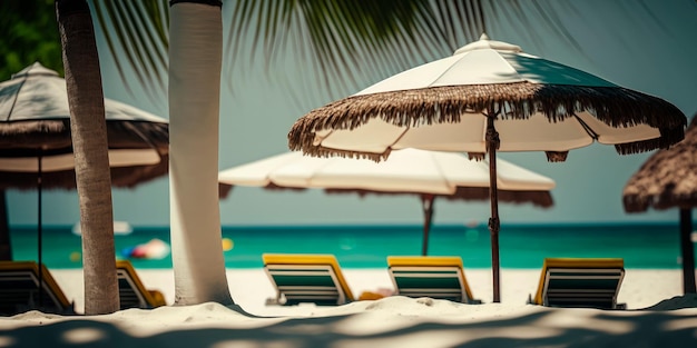 Parasols en ligbedden op het strand met kokospalmen op de achtergrond Generatieve AI