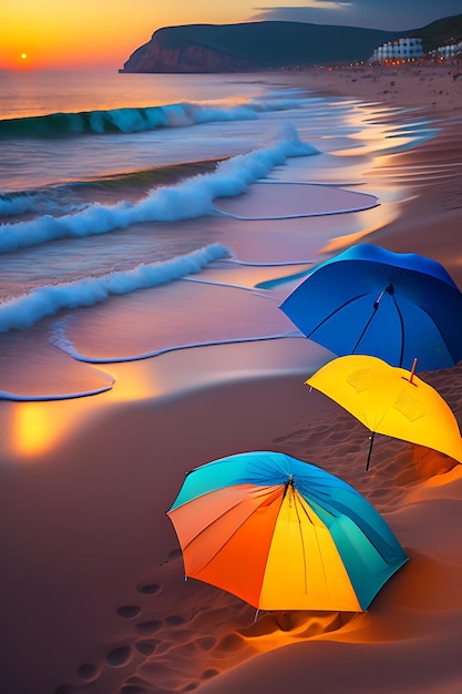 Parasols op een leeg zandstrand in de avond, westkust van de Krim, Rusland