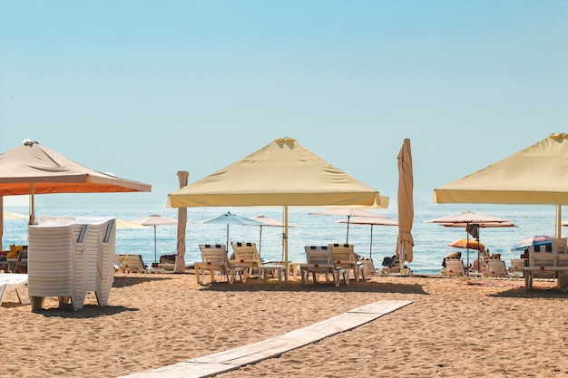 Parasols op het strand met ligstoelen.