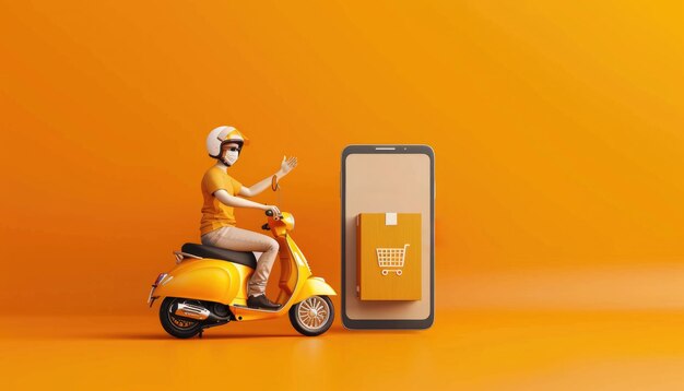 The parcel box and buy icon are placed on the smartphone shop screen and there is a delivery scooter