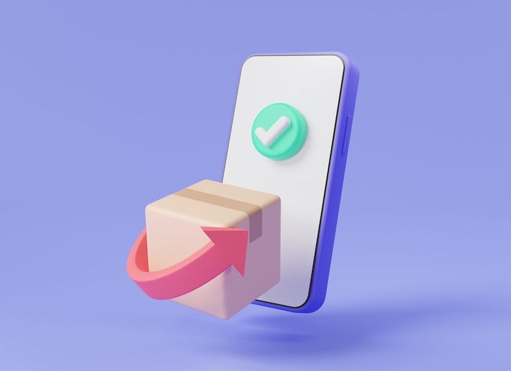 Photo parcel box with arrow on phone parcel is being returned to the sender return delivery courier service delivery return policy of broken goods exchange and return policy 3d render illustration