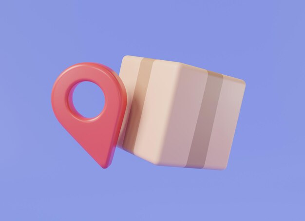 Photo parcel box with location point marker cargo delivery online order tracking parcel box pin marker box package shipping logistics and distribution concept 3d minimal render illustration