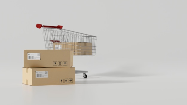 Parcel boxes mockup parcel box in shopping cart cardboard boxes on white background 3d rendering