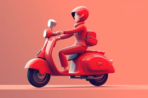 A parcel carrier riding a red scooter against the backdrop of the urban landscape Generative AI illustration