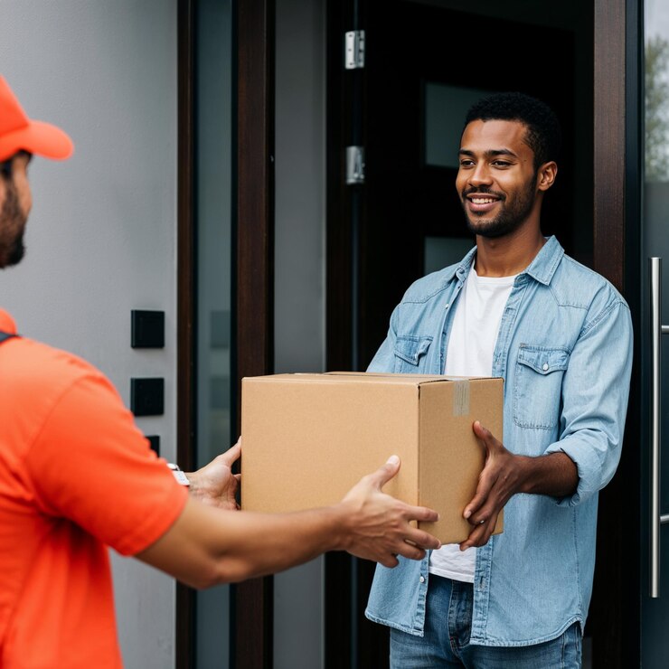 Photo parcel delivery man receiving a cardboard package at home