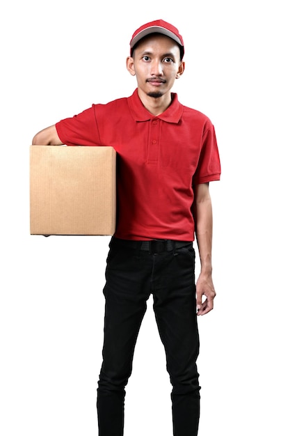 Parcel delivery man with a hat carrying a package