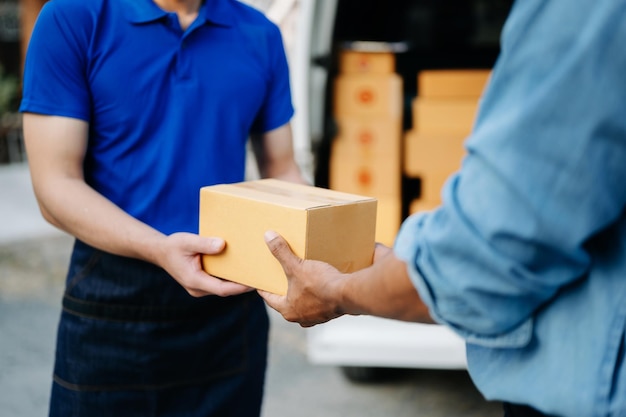 Parcel delivery and a name tag is delivering parcels to a client Friendly worker high quality delivery service and shipping xAxA