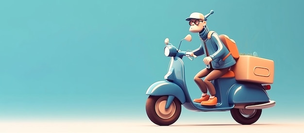 A parcel deliveryman riding a blue scooterGenerative AI illustration copying space Panoramic background