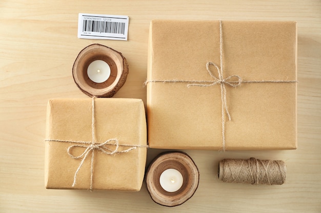 Parcel gift boxes on wooden table