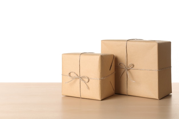 Parcel gift boxes on wooden table