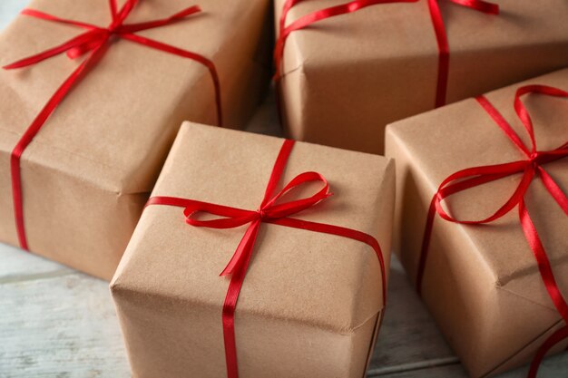 Parcel gift boxes on wooden table