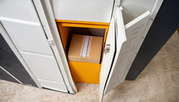 Photo parcel locker with open door and package inside